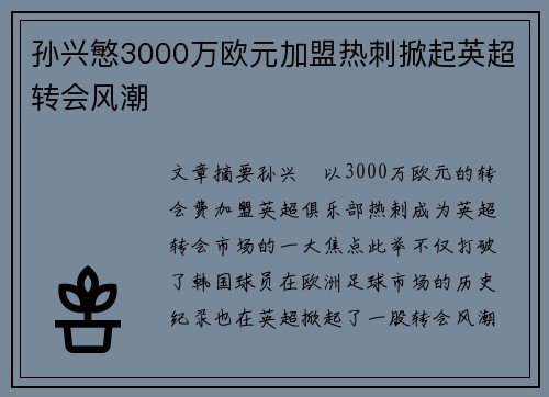 孙兴慜3000万欧元加盟热刺掀起英超转会风潮